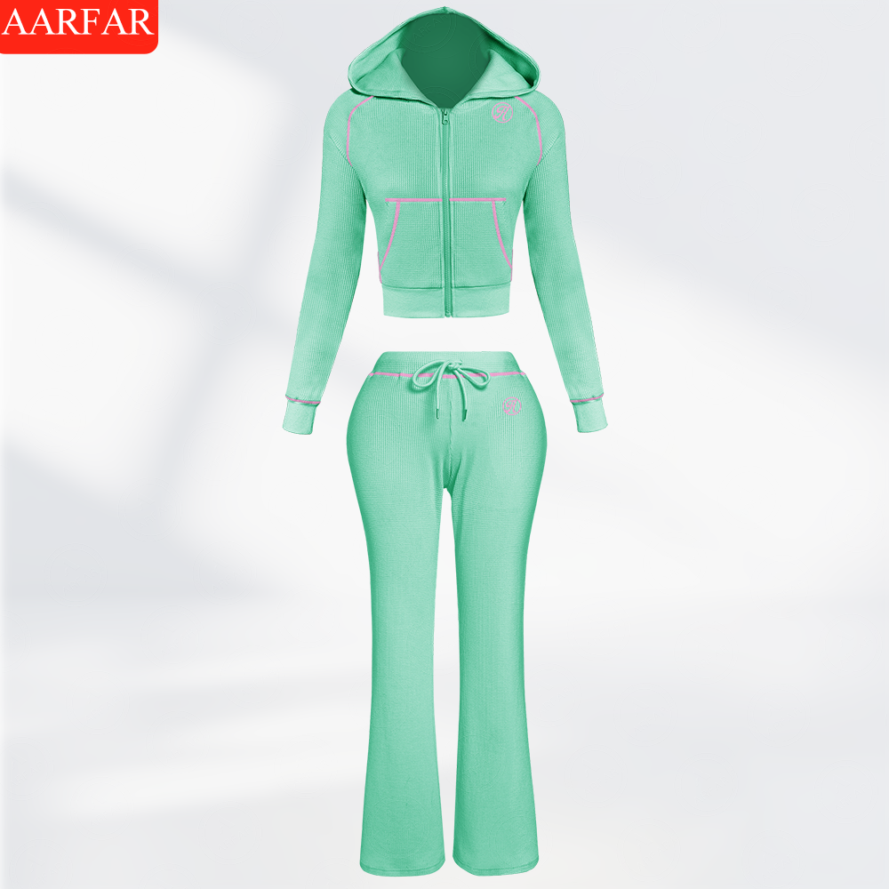 Two Piece Set Women Clothing Manufacturers Custom Silicone logo Waffle Knit Long Sleeve Sweatsuit Outfits for Women