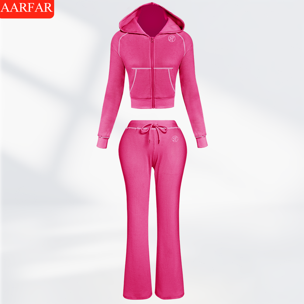 Two Piece Set Women Clothing Manufacturers Custom Silicone logo Waffle Knit Long Sleeve Sweatsuit Outfits for Women