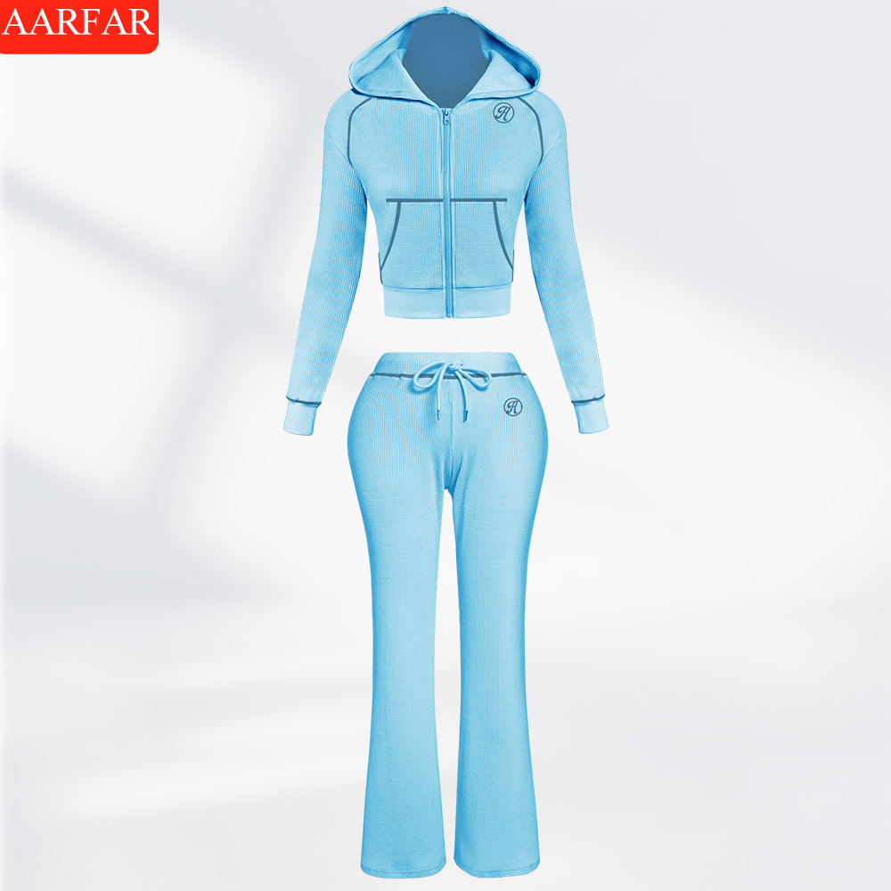 Two Piece Set Women Clothing Manufacturers Custom Silicone logo Waffle Knit Long Sleeve Sweatsuit Outfits for Women