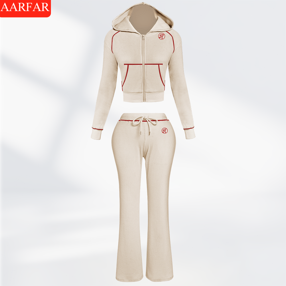 Two Piece Set Women Clothing Manufacturers Custom Silicone logo Waffle Knit Long Sleeve Sweatsuit Outfits for Women