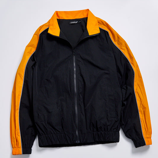 Custom Logo Reflective Piping Black Orange Contrast Color Windbreaker Unisex Spring Stand Collar Zip Up Jacket Streetwear Casual Racing Track Jacket Outerwear