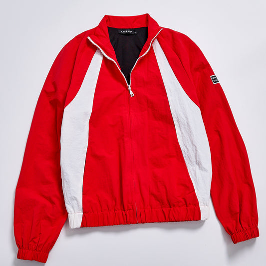 Contrast Panel Red White Stand Collar Zip Up Crop Windbreaker Unisex Streetwear Elastic Hem Racing Track Jacket Custom Logo Casual Outerwear