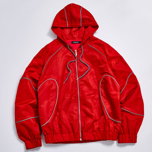 Custom Logo Reflective Piping Red Hooded Windbreaker Unisex Spring Zip Up Loose Streetwear Casual Racing Track Hooded Jacket Outerwear