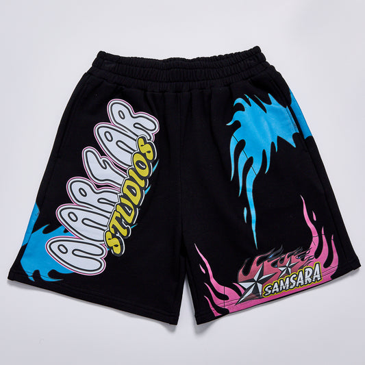 Unisex  Flame Star Graphic Sweat Shorts Hip Hop Streetwear Baggy Cotton Casual Shorts Elastic Waist Graffiti Print Knee Length Sport Shorts For Men Women