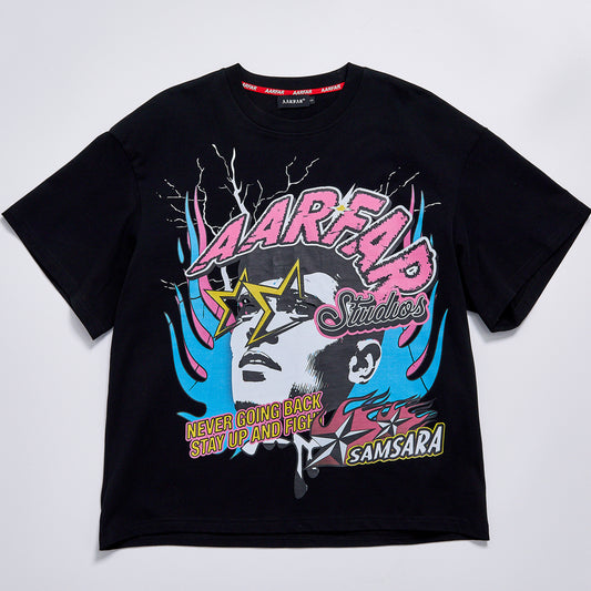 Oversized Vintage Hip Hop Portrait Graphic T-Shirt, Punk Star Flame Print Crew Neck Short Sleeve Tee, Unisex High Street Streetwear Casual Black Tops for Men Women