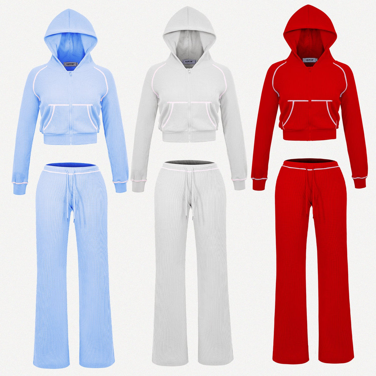 Women Hooded Jacket Tracksuits Workout Waffle Knit Zipper Sweatshirts Cotton Long Sleeve Outfit Gym Crop Cardigan Streetwear