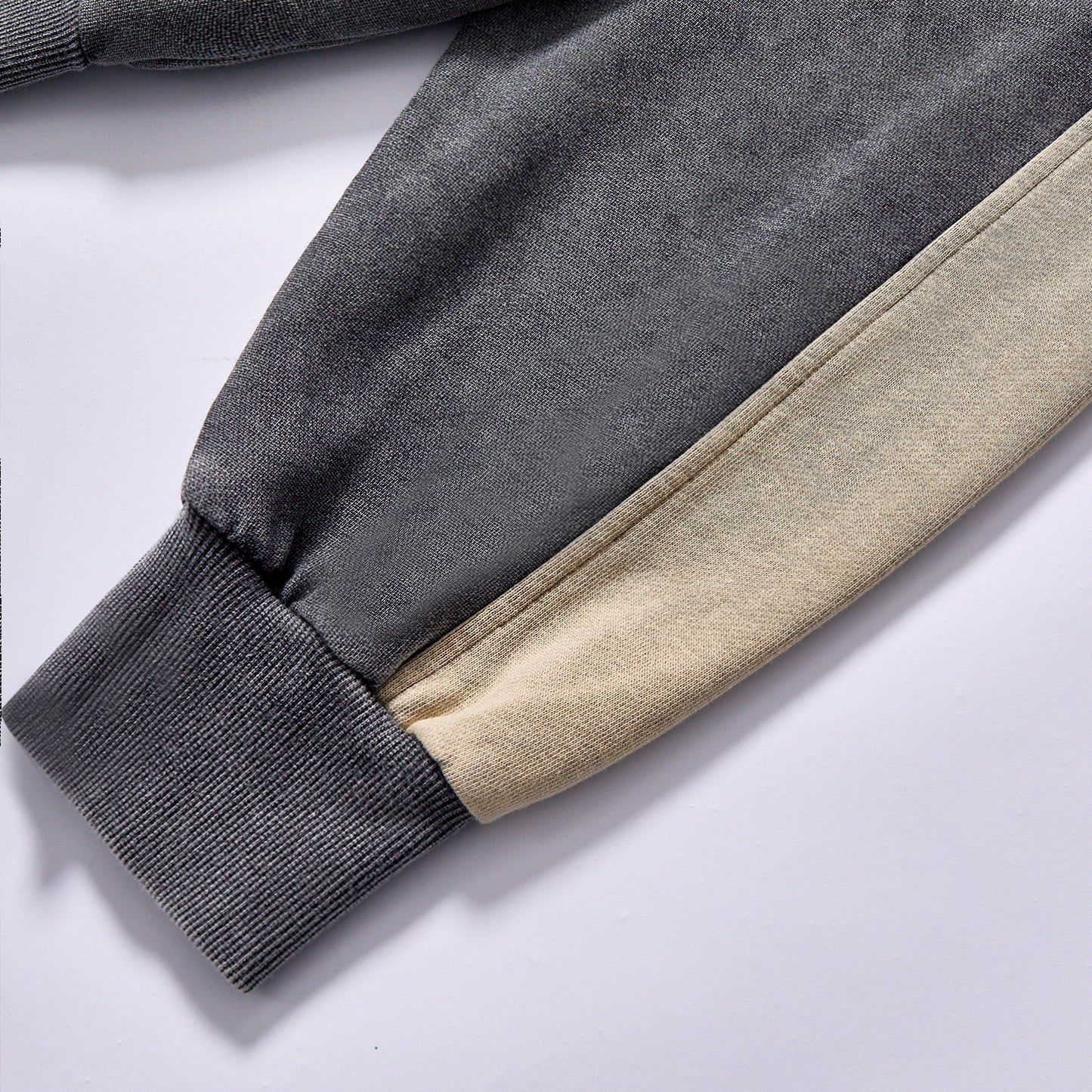 hot selling Custom full zip hooded sweatshirt faded charcoal grey main body beige raglan sleeves washed color block zip fleece hoodie city walk couple matching set