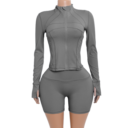 Custom Logo Two Piece Women Nylon Jacket Shorts Set pink Sport Outfit Fitness Gym Workout Wear Zipper Tracksuit Sets for Women