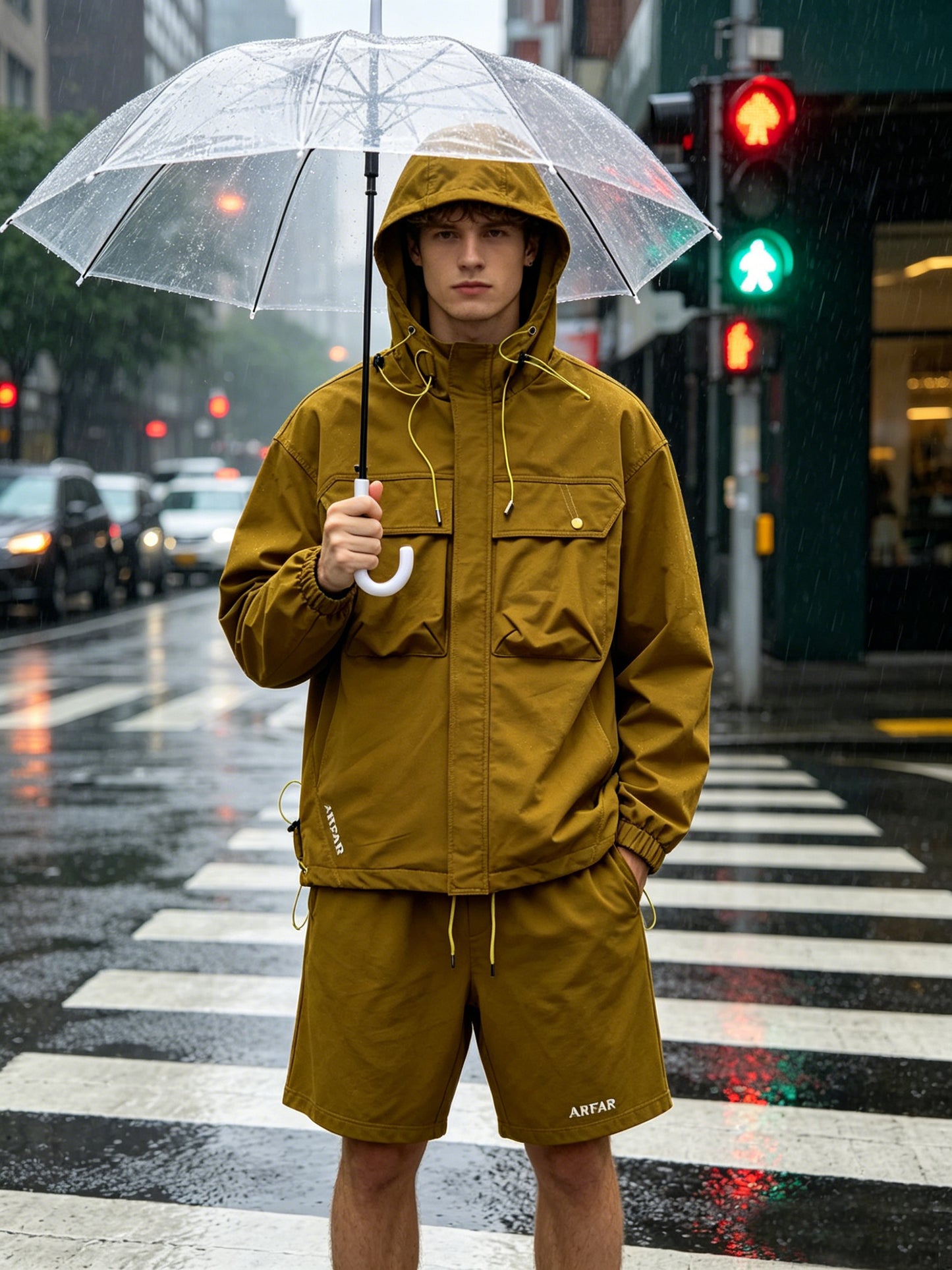 mustard brown men cargo hooded jacket windproof water resistant outdoor hiking casual workwear coat autumn spring transitional jacket hiking camping traveling daily commuting street style