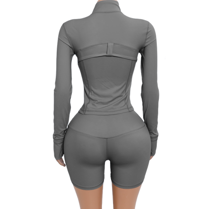 Custom Logo Two Piece Women Nylon Jacket Shorts Set pink Sport Outfit Fitness Gym Workout Wear Zipper Tracksuit Sets for Women