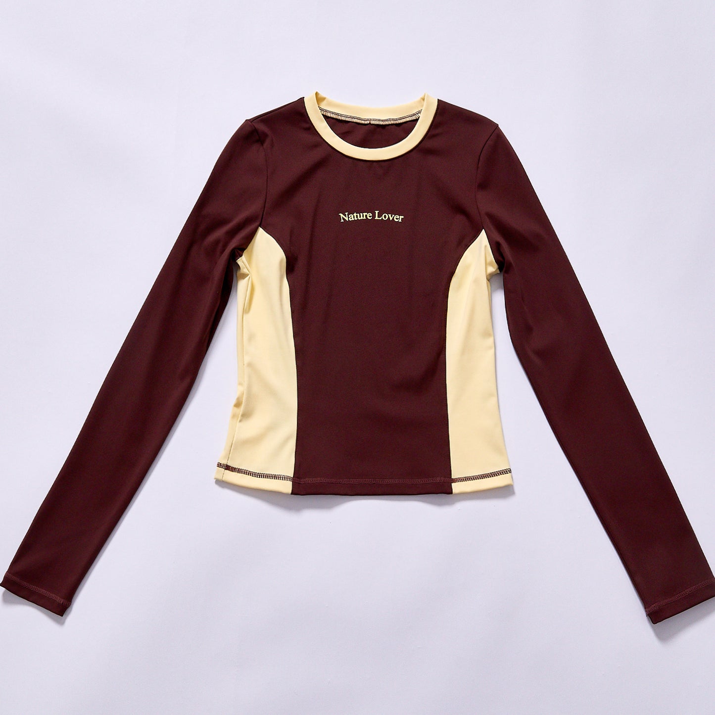 High Quality Contrast color block workout top round neck stretch fitness top long sleeve chest mini logo print quick dry stretch gym training tee