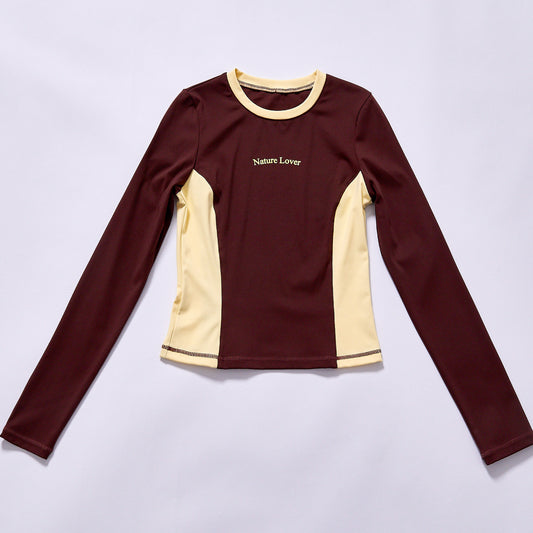 High Quality Contrast color block workout top round neck stretch fitness top long sleeve chest mini logo print quick dry stretch gym training tee