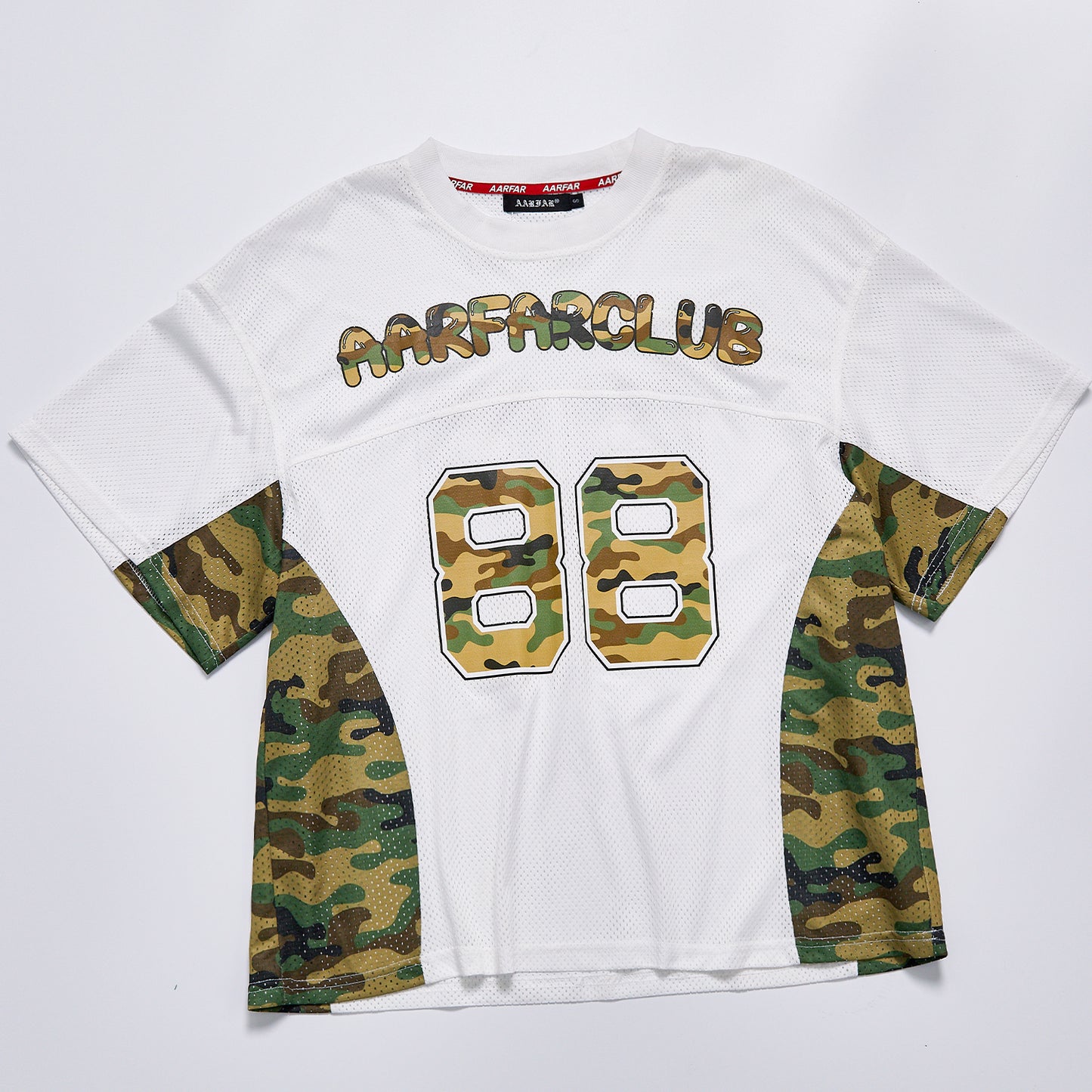 American Vintage Breathable Mesh Jersey Unisex Camo Splicing Short Sleeve Top, Back 88 Number Print Loose Boxy Hip Hop Streetwear Football T Shirt For Summer