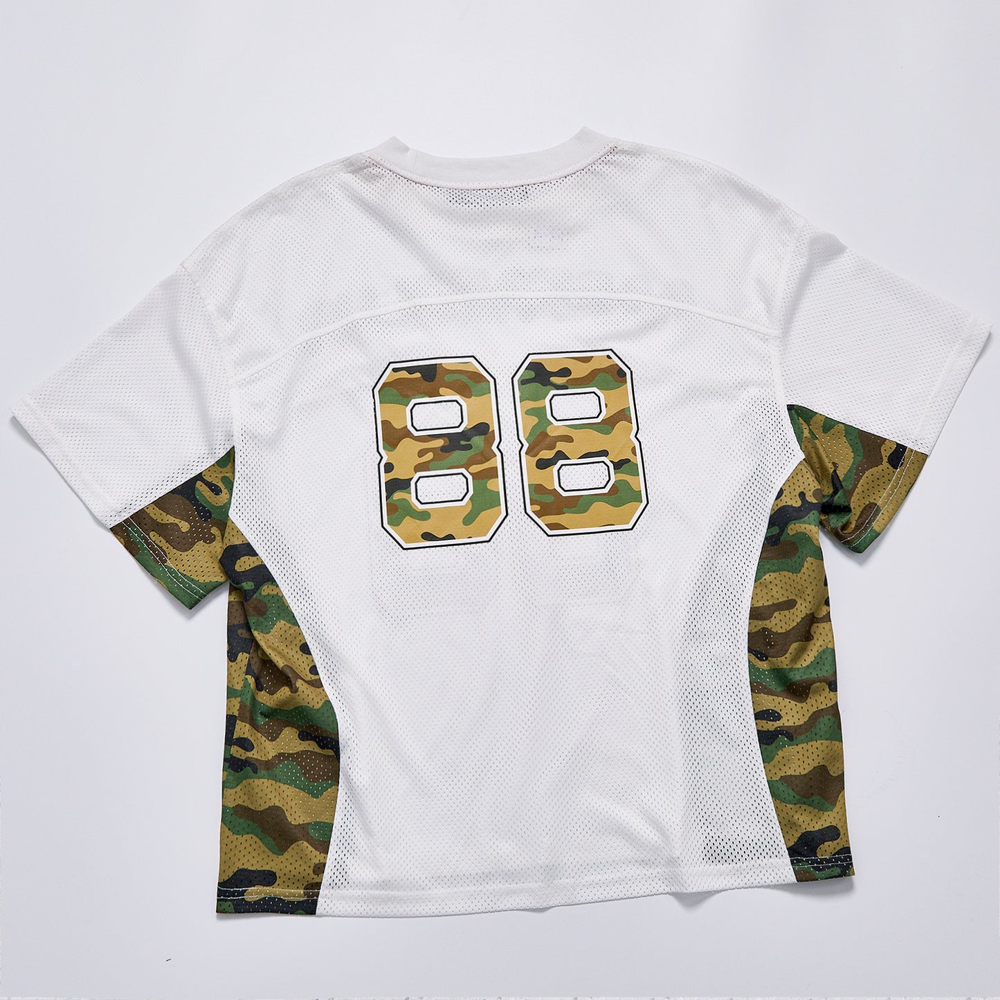 American Vintage Breathable Mesh Jersey Unisex Camo Splicing Short Sleeve Top, Back 88 Number Print Loose Boxy Hip Hop Streetwear Football T Shirt For Summer