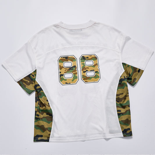 American Vintage Breathable Mesh Jersey Unisex Camo Splicing Short Sleeve Top, Back 88 Number Print Loose Boxy Hip Hop Streetwear Football T Shirt For Summer