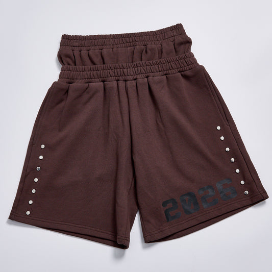Vintage Double Layer Waist Sweat Shorts Side Metal Studs 2026 Graphic Print Loose Streetwear Shorts Couple Casual Jogger Shorts