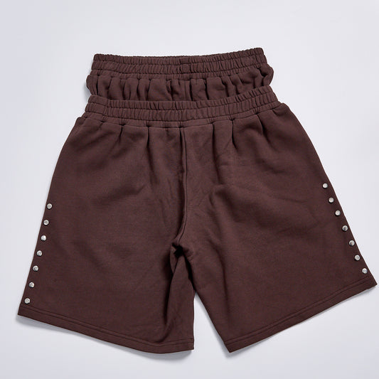 Vintage Double Layer Waist Sweat Shorts Side Metal Studs 2026 Graphic Print Loose Streetwear Shorts Couple Casual Jogger Shorts