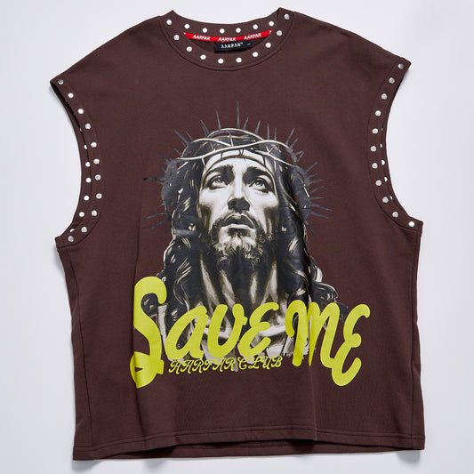 Gothic Jesus Graphic Studded Sleeveless Vest Men Loose Fit Punk Streetwear Save Me Print Cut Off Tank Top