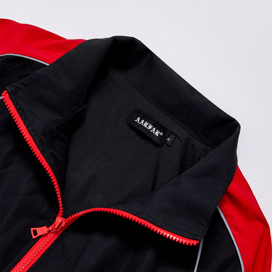 Retro Contrast Piping Windbreaker Unisex Black Red Colorblock Stand Collar Zip Track Jacket Streetwear Athletic Jacket