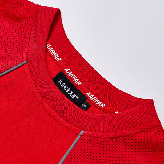 Reflective Piping Mesh Spliced Boxy Cropped T-Shirt Unisex Breathable Quick Dry Athletic Streetwear Short Sleeve Running Gym Top