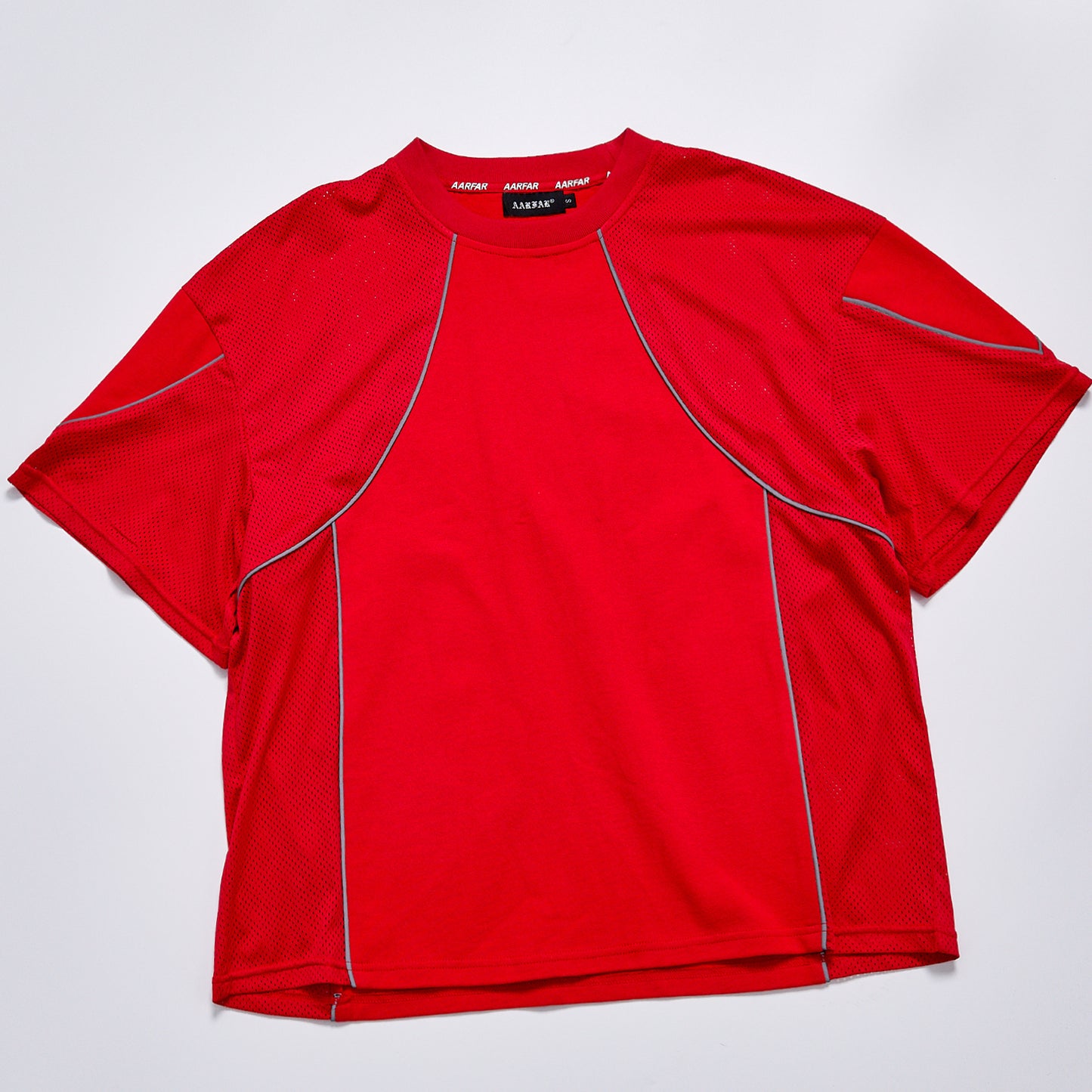 Reflective Piping Mesh Spliced Boxy Cropped T-Shirt Unisex Breathable Quick Dry Athletic Streetwear Short Sleeve Running Gym Top