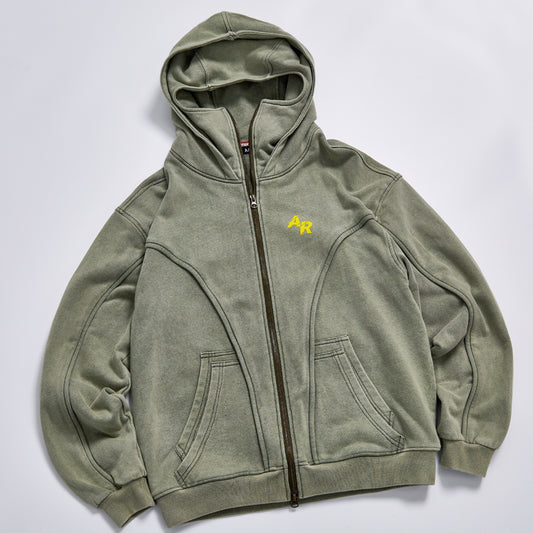 Unisex Vintage Pigment Washed Full Zip Hoodie, Heavyweight Cotton Curved Seam Streetwear Jacket, AR Embroidery Oversized Zip Up Hooded Sweatshirt For Men Women