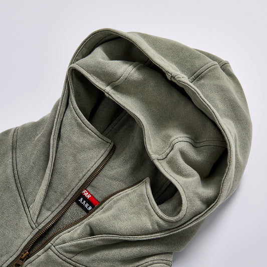 Unisex Vintage Pigment Washed Full Zip Hoodie, Heavyweight Cotton Curved Seam Streetwear Jacket, AR Embroidery Oversized Zip Up Hooded Sweatshirt For Men Women