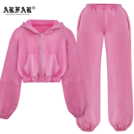 100% Cotton Acid Washed Hoodie Set Pink Joggers 2 Piece Set