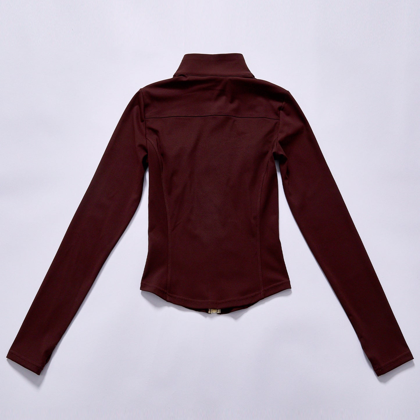 Custom Hot Selling stand collar slim zip workout jacket fitted curved hem yoga running top embroidered logo quick dry workout long sleeve  solid burgundy wine red Thumb Cuff 4-Way Stretch Quick Dry Yoga Running Long Sleeve Outer Coat