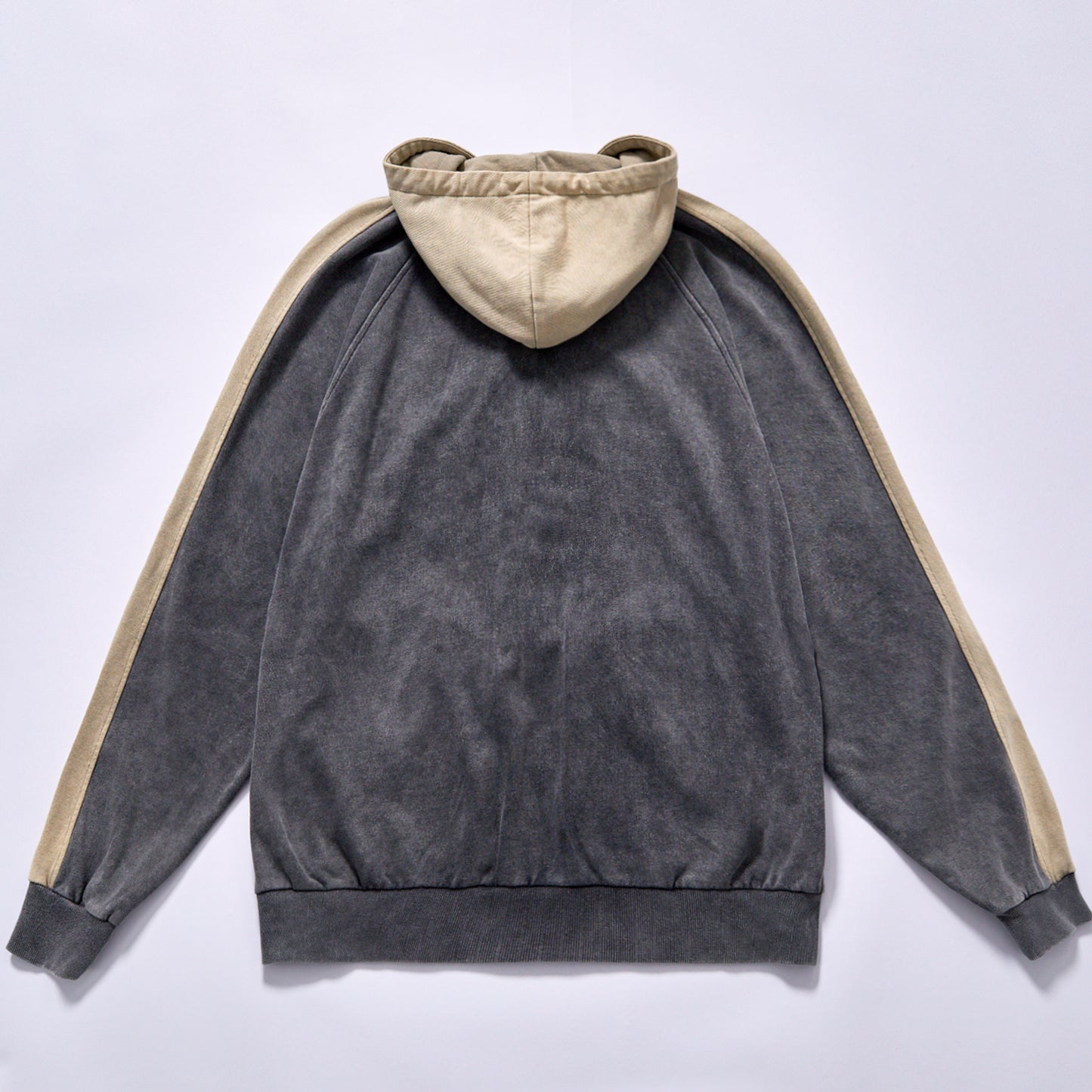 hot selling Custom full zip hooded sweatshirt faded charcoal grey main body beige raglan sleeves washed color block zip fleece hoodie city walk couple matching set