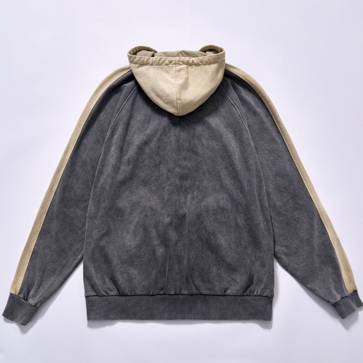 hot selling Custom full zip hooded sweatshirt faded charcoal grey main body beige raglan sleeves washed color block zip fleece hoodie city walk couple matching set