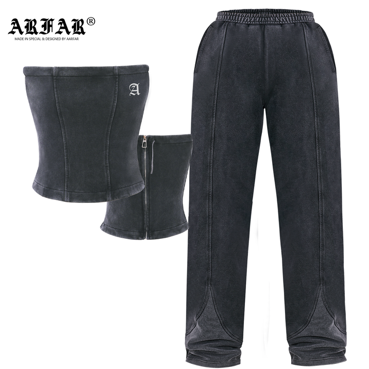 Acid-Wash Wide-Leg Matching Set