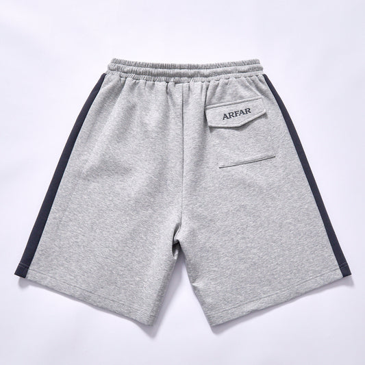 custom logo color block men sweat shorts  elastic waist relaxed fit knee adjustable drawstring deep side pockets heather grey color block summer daily dressing jogging fitness