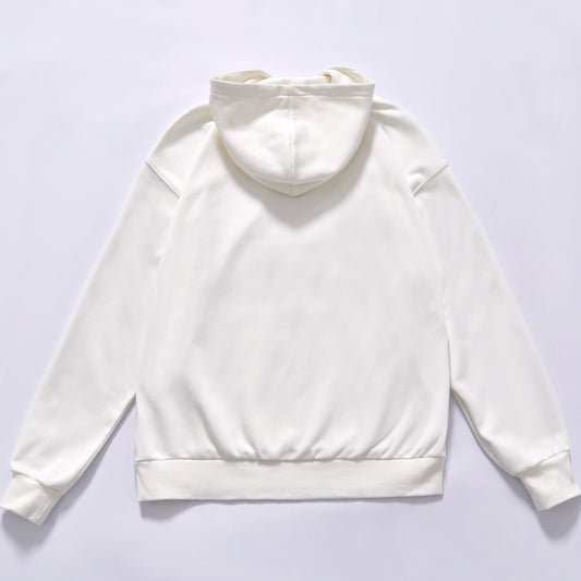 bulk wholesale custom logo double layer raised letter graphic hooded sweatshirt rib elastic cuffs & bottom hem drop shoulder oversized relaxed fit basic casual street pullover travel versatile neutral hoodie