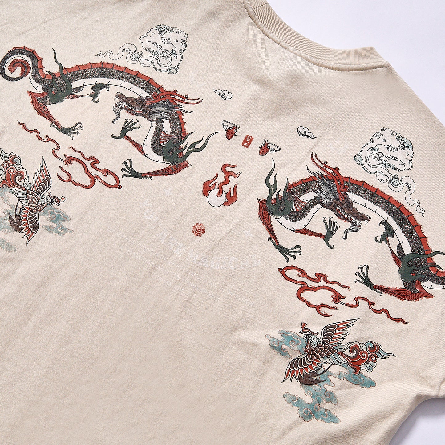 customized High Quality T shirt breathable anti-transparent thick cotton retro street layering tee full back double dragon phoenix cloud flame graphic print  t-shirt  cultural trend outfit  wholesale custom graphic blank apparel