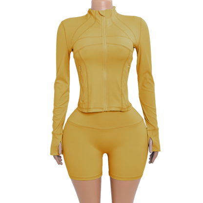 Custom Logo Two Piece Women Nylon Jacket Shorts Set pink Sport Outfit Fitness Gym Workout Wear Zipper Tracksuit Sets for Women