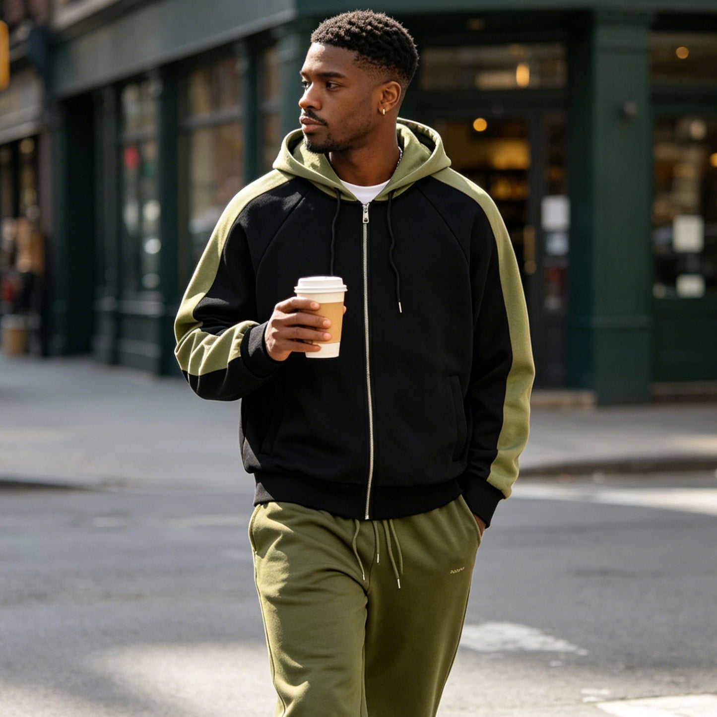 custom logo black olive color block zip up hoodie men raglan sleeve men color block zip hoodie raglan sleeve fleece sweatshirt loose fit hooded jacket casual street top daily casual streetwear skate travel spring autumn outfit