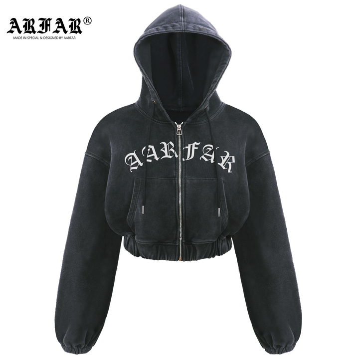 Black Acid-Wash Cropped Zip Hoodie