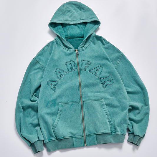 Vintage Washed Green Embroidery Letter Hoodie Unisex Autumn Oversized Full Zip Up Hooded Jacket Streetwear Casual Loose Pocket Sweatshirt Outerwear