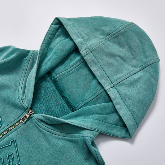 Vintage Washed Green Embroidery Letter Hoodie Unisex Autumn Oversized Full Zip Up Hooded Jacket Streetwear Casual Loose Pocket Sweatshirt Outerwear