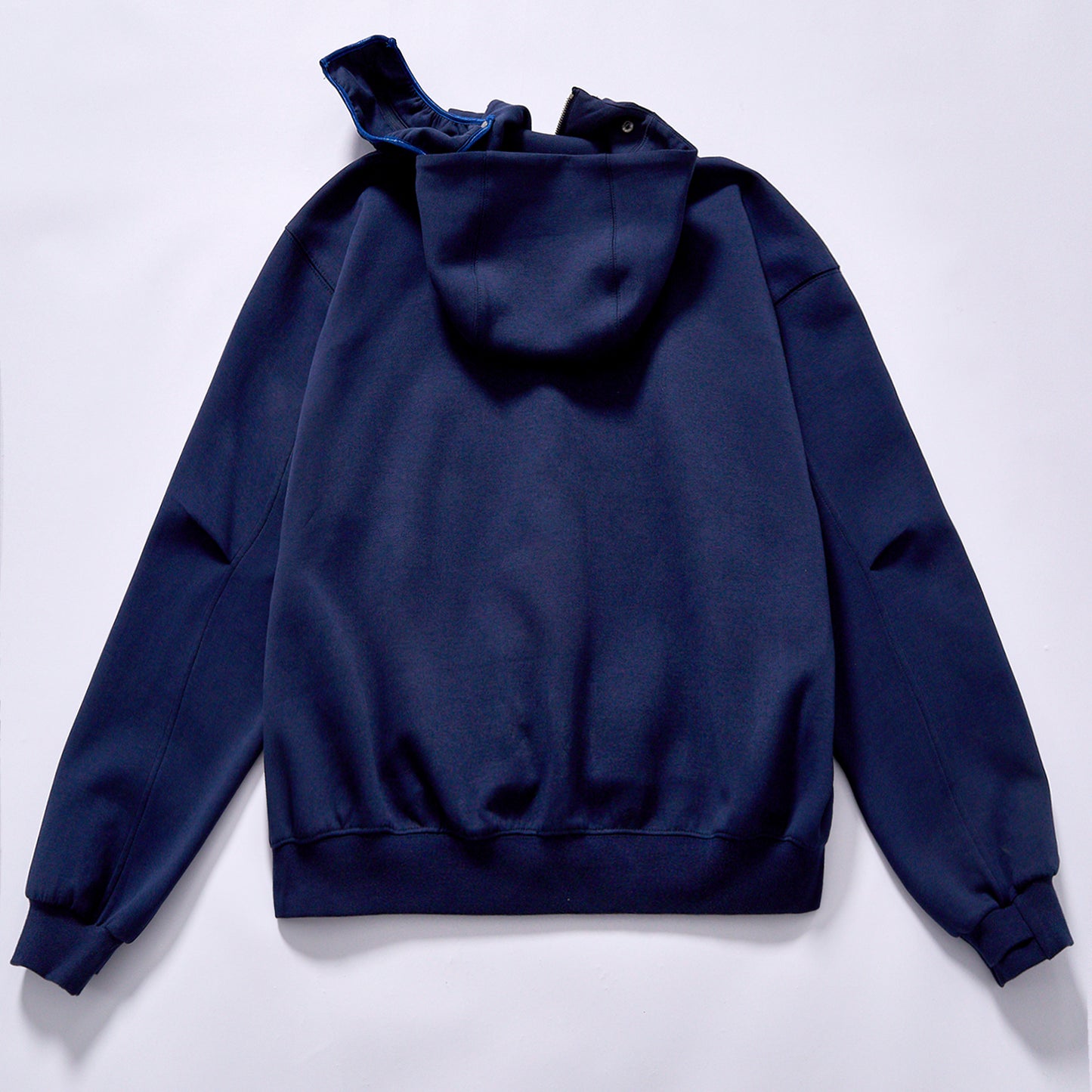 bulk wholesale zip up hooded sweatshirt rib elastic cuffs hem navy color contrast hood lining sweat jacket daily commute