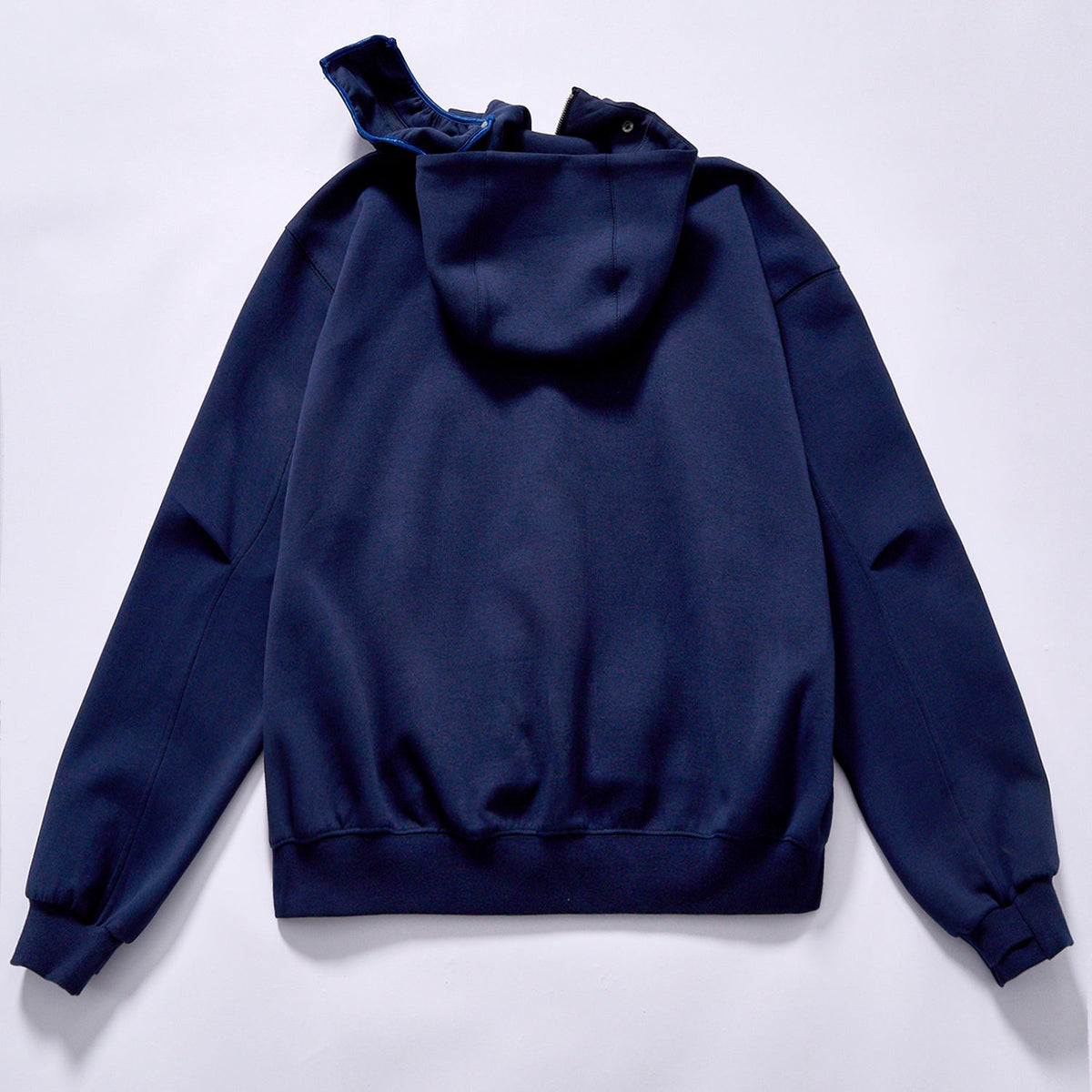 bulk wholesale zip up hooded sweatshirt rib elastic cuffs hem navy color contrast hood lining sweat jacket daily commute