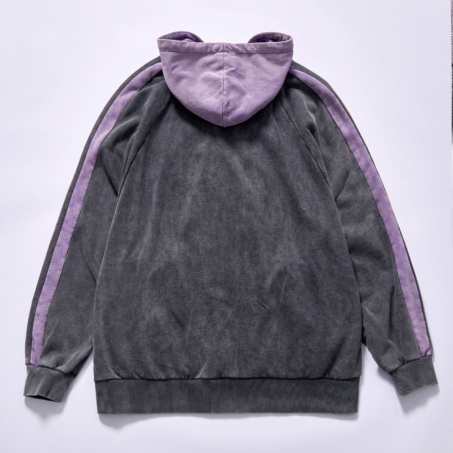 Custom hot selling pigment washed raglan side stripe full zip hooded sweatshirt drop shoulder relaxed oversized fit vintage faded two tone hooded track jacket city walk couple matching set