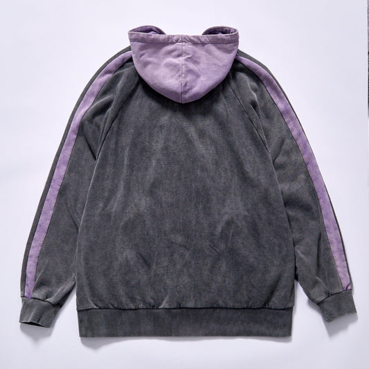 Custom hot selling pigment washed raglan side stripe full zip hooded sweatshirt drop shoulder relaxed oversized fit vintage faded two tone hooded track jacket city walk couple matching set