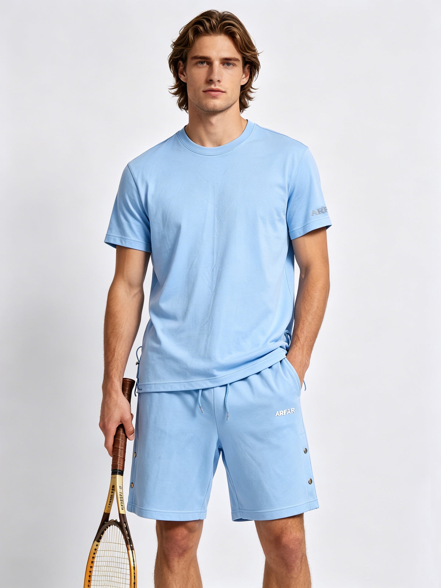 custom light blue men plain cotton t adjustable hem drawstring relaxed casual crew neck t shirt outfits jogging street leisure home