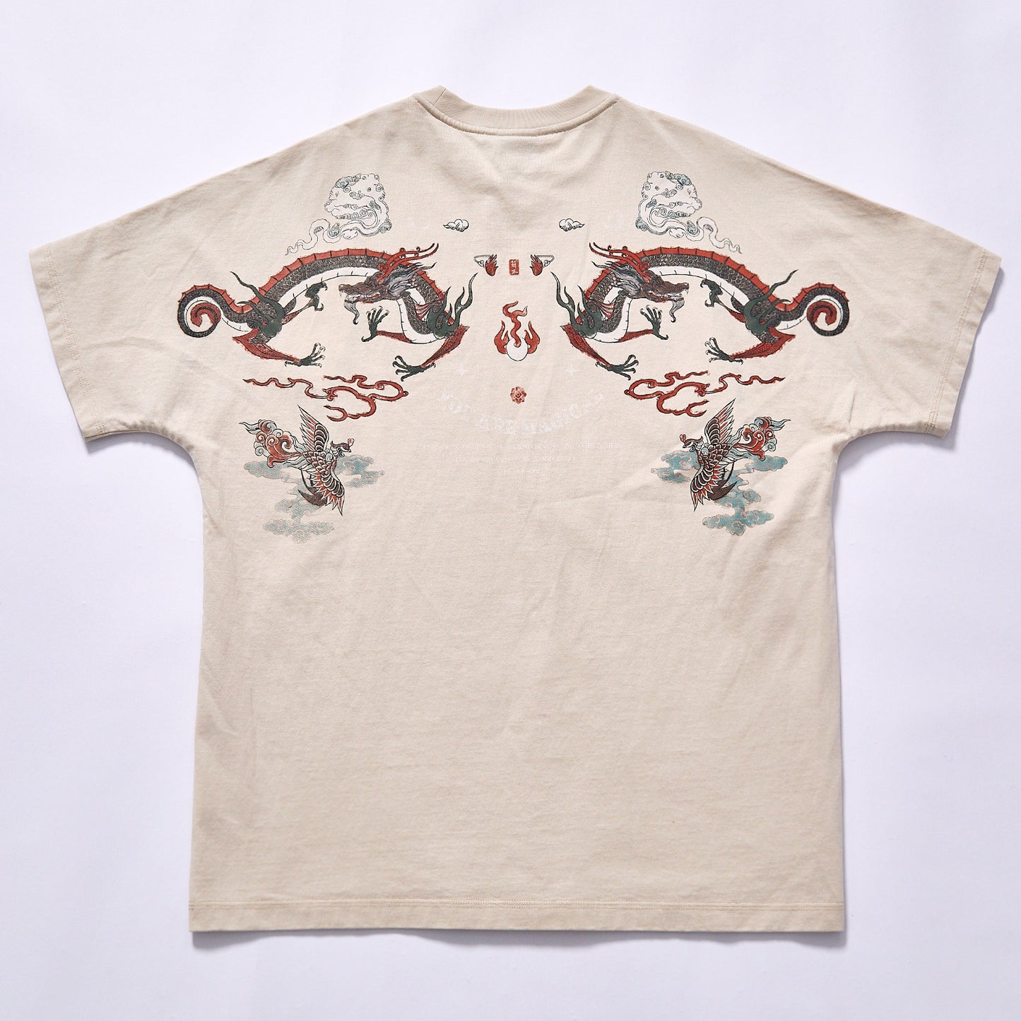 customized High Quality T shirt breathable anti-transparent thick cotton retro street layering tee full back double dragon phoenix cloud flame graphic print  t-shirt  cultural trend outfit  wholesale custom graphic blank apparel