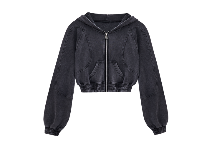 Acid-Wash Cropped Zip Hoodie