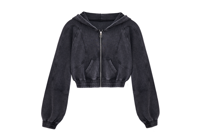 Washed-Look Curved-Seam Cropped Zip Hoodie