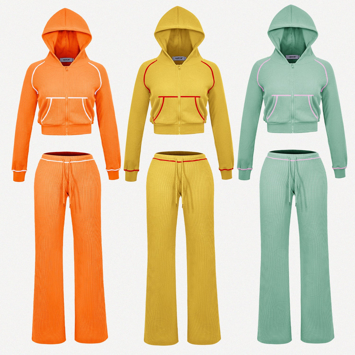 Women Hooded Jacket Tracksuits Workout Waffle Knit Zipper Sweatshirts Cotton Long Sleeve Outfit Gym Crop Cardigan Streetwear