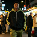 Black & Olive Color-Block Zip Hoodie